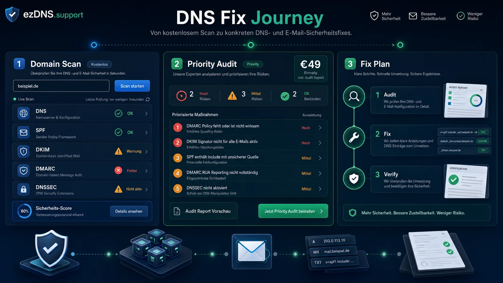 DNS Fix Journey von Domain Scan über Priority Audit zu Fix Plan und Verify
